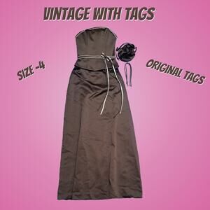Vintage NWT Chocolate Brown & Champagne Satin Gown Size 4 With Removable Straps